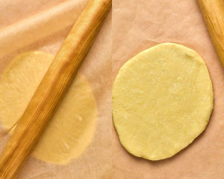 two images of rolling out cookie dough. left hand side shows parchment paper covering the dough and a wooden rolling pin on top