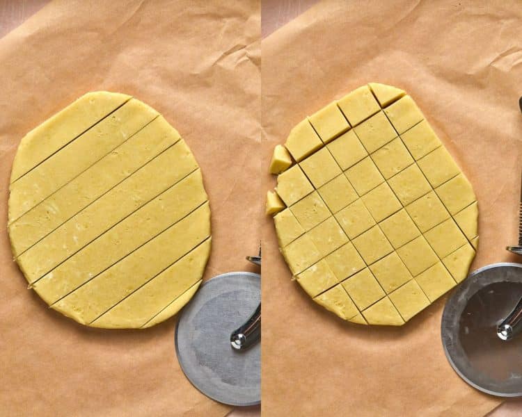 side by side images of slab of cookie dough. left side has diagonal slices cut. right side has criss cross sections crossed