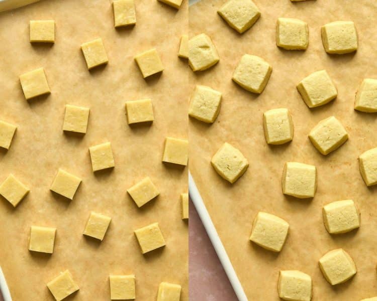 side by side images. left side has small squares of cookie dough before baking. right side shows squares after baking