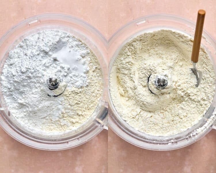 side by side photos of clear food processor bowls. left side has flour, salt, baking powder, and powdered sugar. right side has those ingredients mixed with a spoon in the bowl