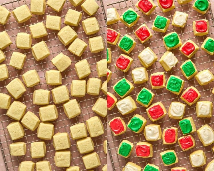 side by side images. left side shows cookie dough squares after baking. right side shows cookie dough squares topped with red, white, and green frosting