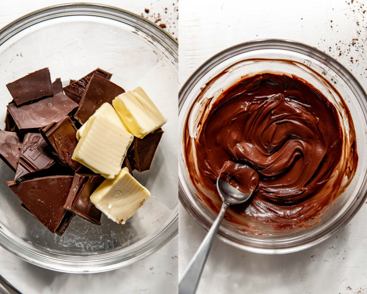 step by step of adding chocolate pieces and butter to a clear bowl and then melting and mixing them together.