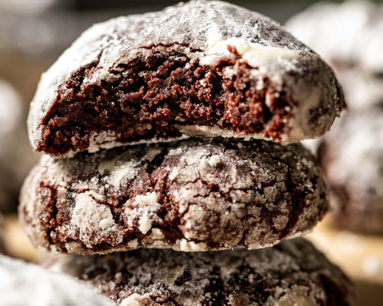 close up of bitten chocolate cookie.