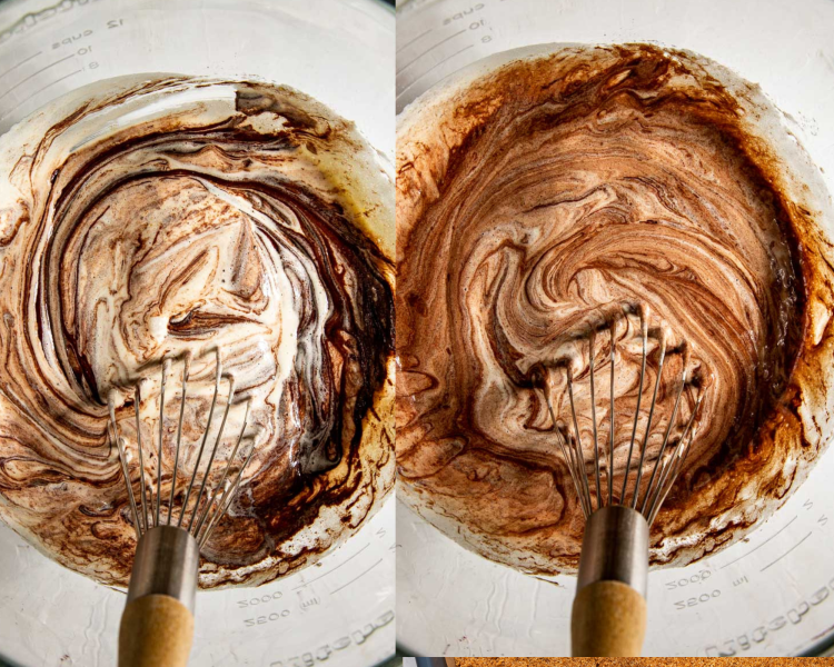 step by step of mixing melted chocolate with butter sugar mixture.