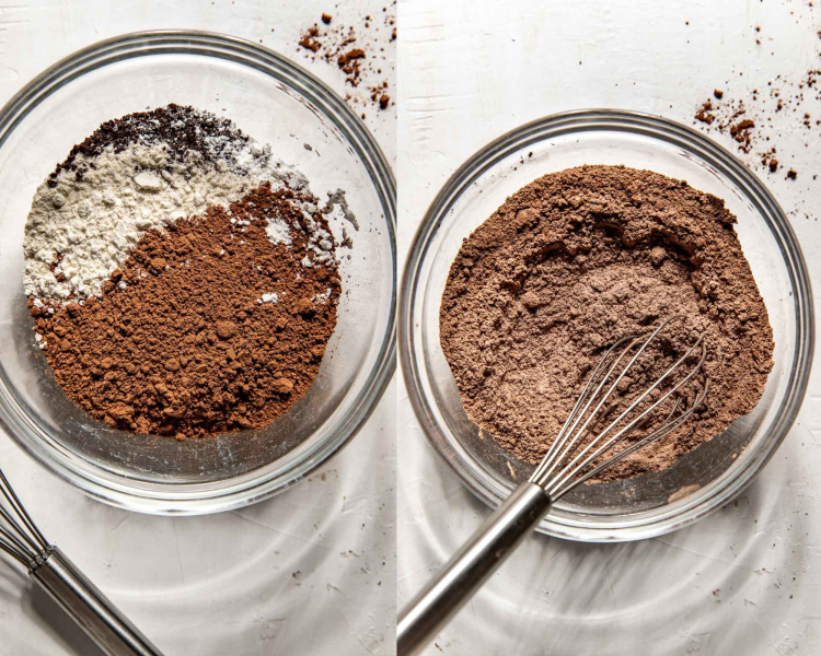 step by step of whisking dry ingredients in a clear bowl.