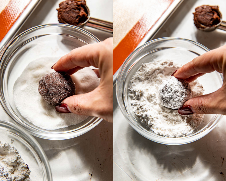 step by step of rolling chocolate cookie dough ball in sugar.