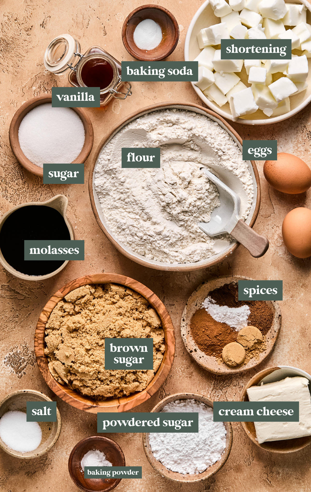 ingredients to make cookies in small glass bowls.