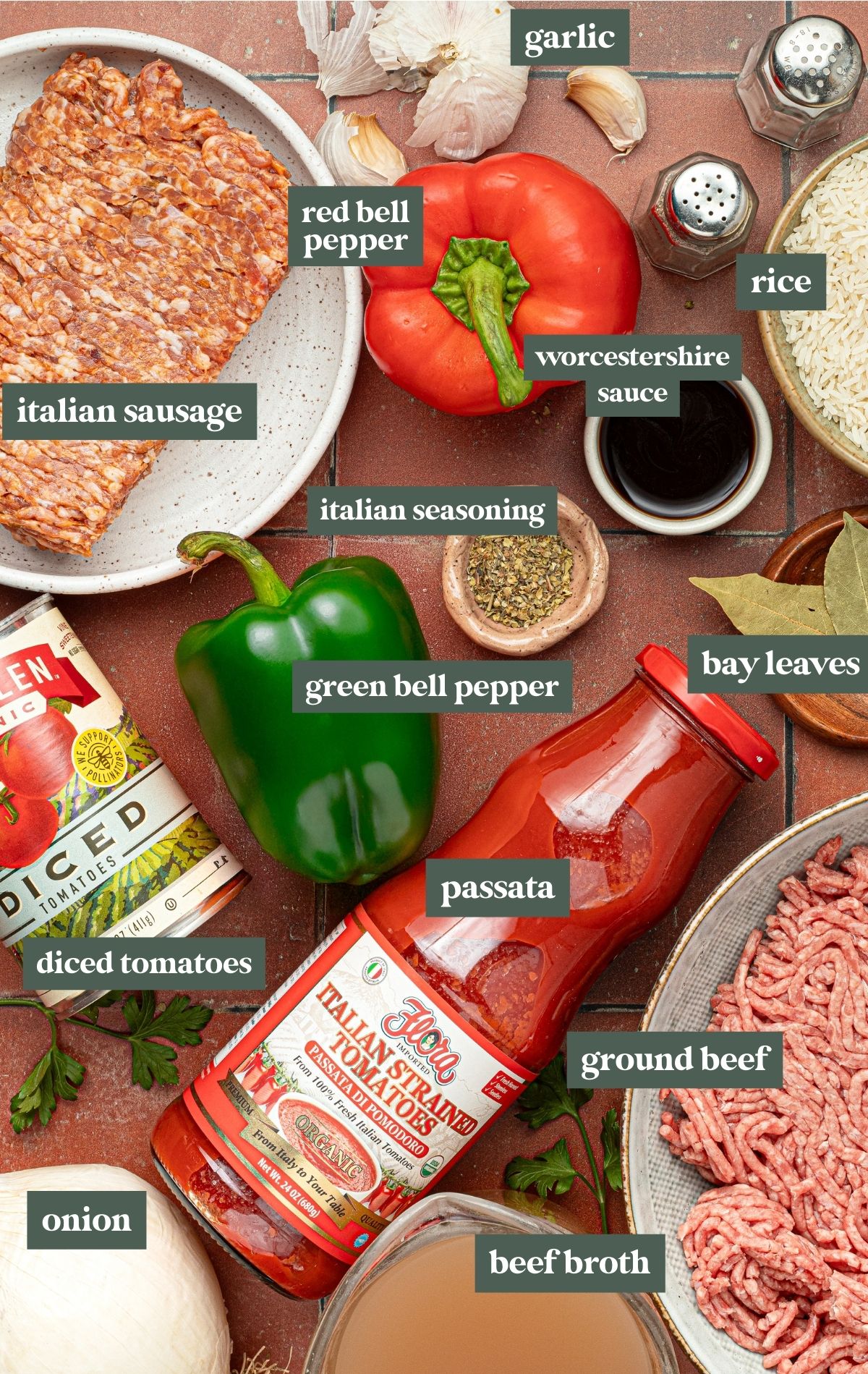 ingredients needed to make slow cooker stuffed bell pepper soup, with text labels of each item.