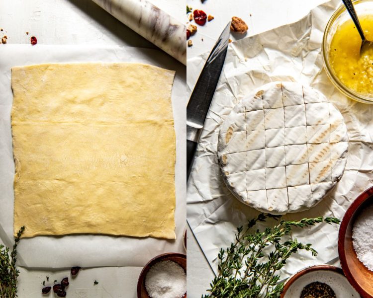 Side by side images of puff pastry dough rolled out on parchment paper and a wheel of brie with criss crossed score marks.