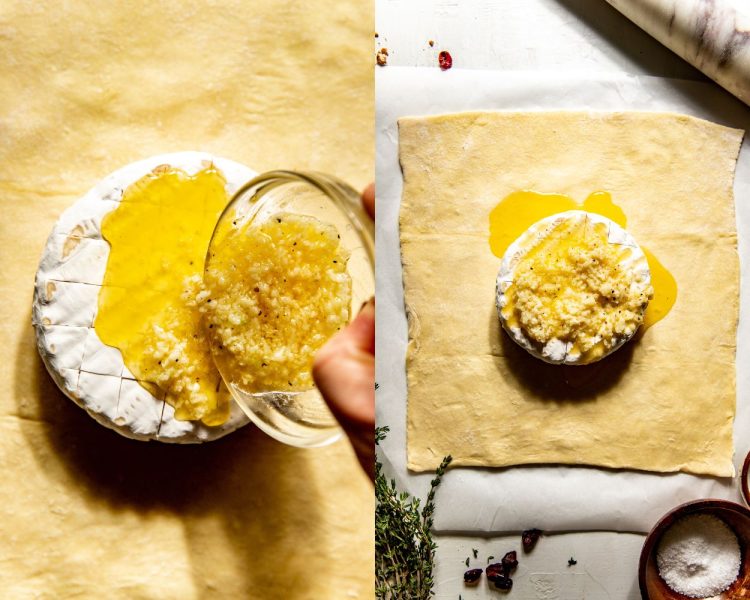 Side by side images of brie on top of puff pastry with a hand and clear bowl pouring a melted butter and garlic mixture.