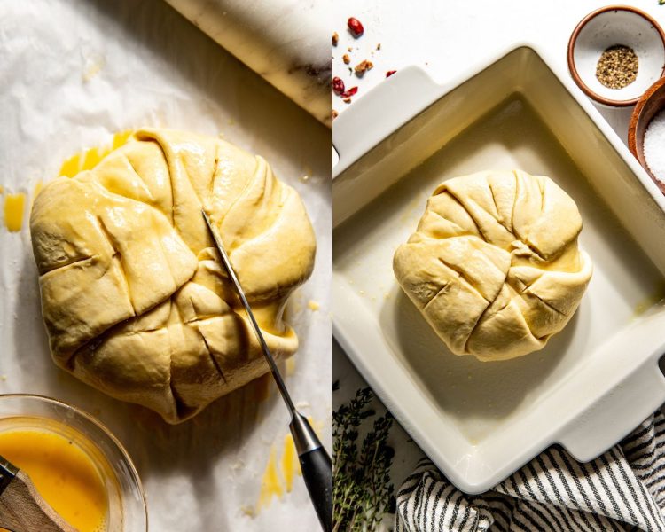 Side by side images. Left side shows puff pastry wrapped wheel of brie with a knife scoring the puff pastry. Right side shows that same puff pastry wrapped brie in a square baking dish.