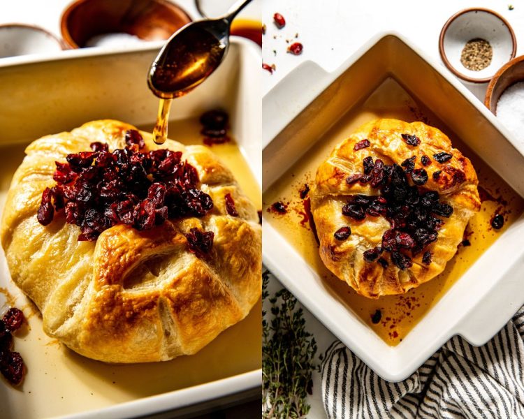 Side by side images of puff pastry surrounding baked brie topped with dried cranberries and a drizzle of hot honey.