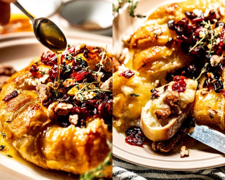 Side by side images. Left side shows a spoon adding hot honey atop puff-pastry covered brie topped with dried cranberries, fresh thyme, and candied pecans. Right side shows close up of the brie with a cut into it and served atop a slice of baguette.