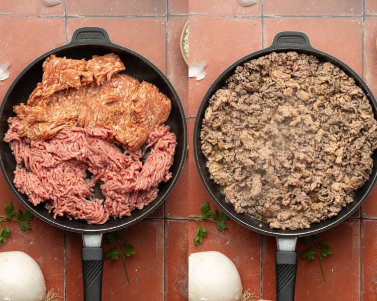 side by side of two cast iron skillets. left side has ground beef and sausage uncooked. right side has them browned.