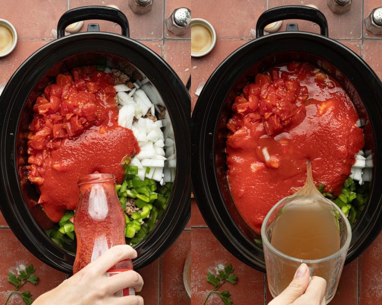 side by side images. left side shows black crock pot with diced onion, peppers, and tomatoes with a bottle of passata being poured in. right side shows beef broth being poured into the same crockpot