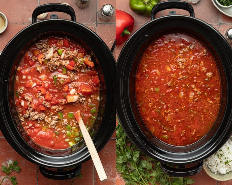 side by side images of black crockpot. left side shows soup ingredients near the top with a wooden spoon sticking out. right side shows ingredients all mixed