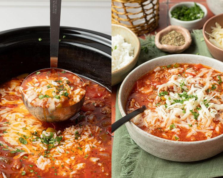 two images side by side. left side shows ladle taking stuffed bell pepper soup out of crockpot. right side shows bowl of soup topped with cooked rice, cheese, and parsely