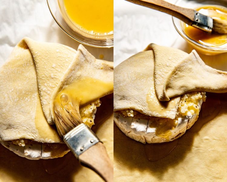 Side by side images of puff pastry being folded over a wheel of brie with a brush adding an egg wash.