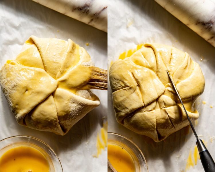 Side by side images of puff pastry wrapped around a wheel of brie. Left side shows brush adding an egg wash. Right side shows a knife scoring the dough.