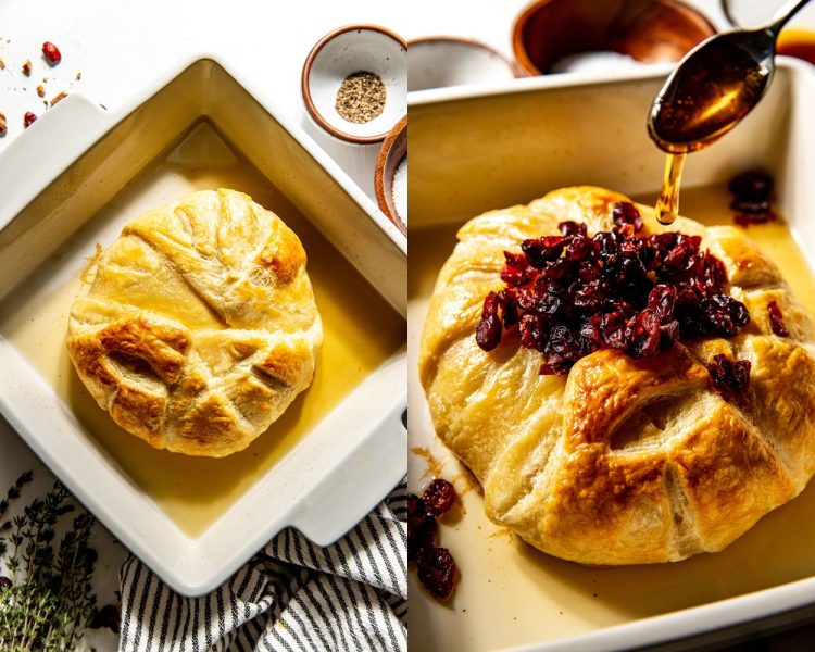 Side by side images. Left side shows puff pastry covered brie in a square baking dish. Right side shows same wheel of brie topped with dried cranberries and a drizzle of hot honey.