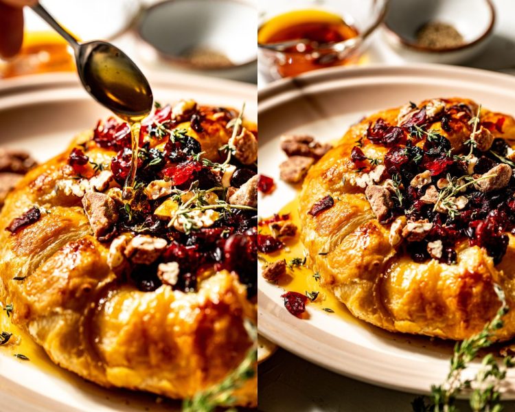 Side by side images. Left side shows a spoon adding hot honey atop puff-pastry covered brie topped with dried cranberries, fresh thyme, and candied pecans. Right side shows full wheel of puff-pastry covered brie with toppings.