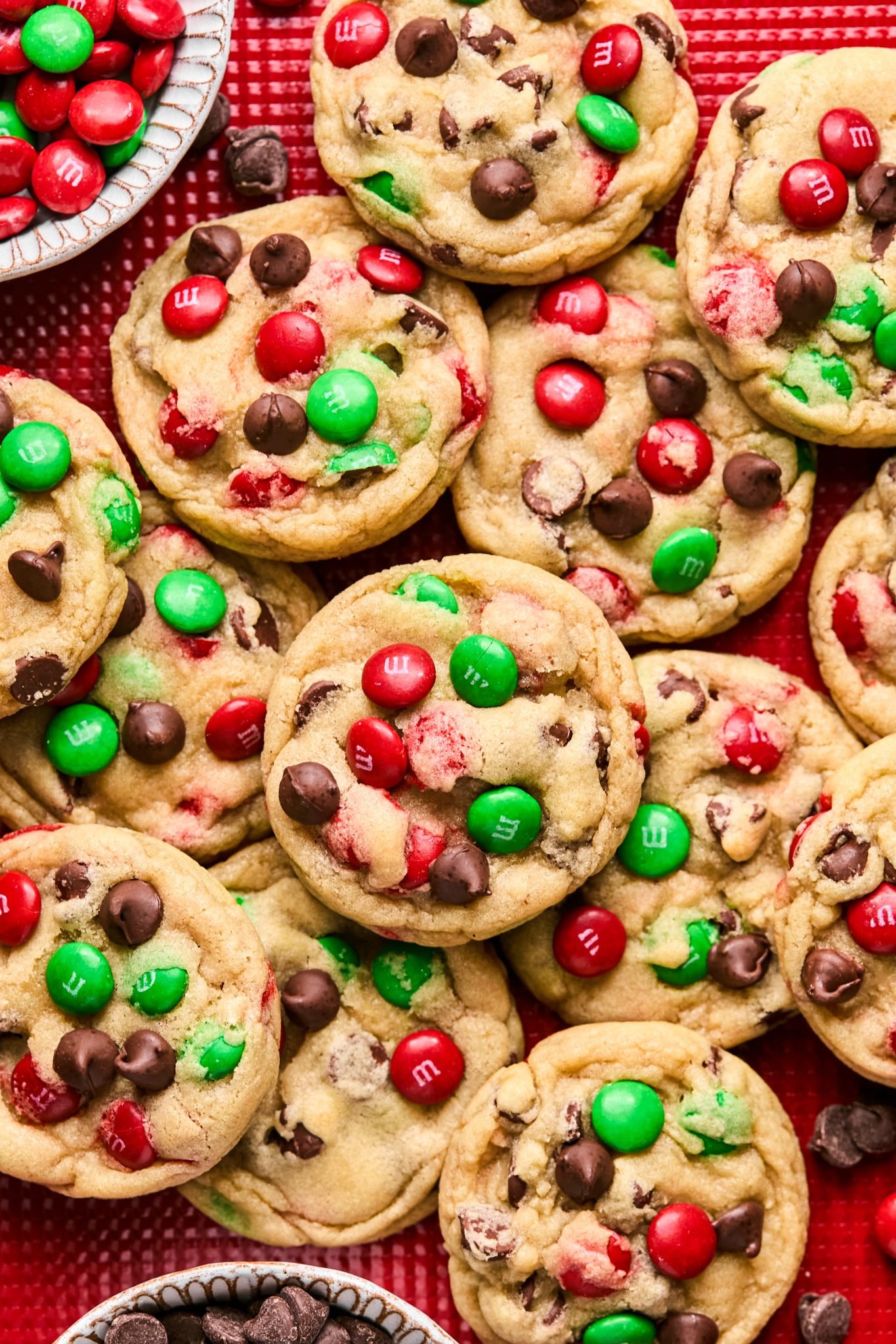 cookies with red and green M&Ms on them. 