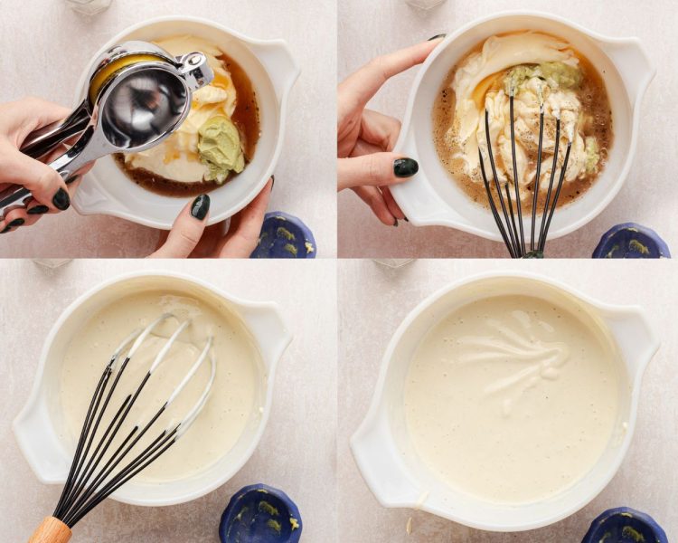 Four images showing the process of adding lemon juice to a bowl of ingredients including mayonnaise, wasabi paste, and red wine vinegar and whisking all ingredients until smooth.