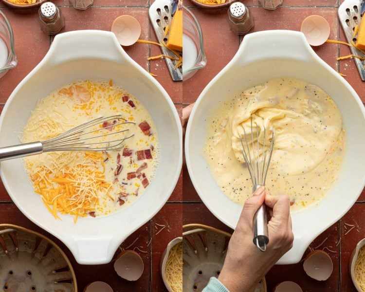 Side by side images of a white mixing bowl. Left side shows a whisk mixing eggs, cheese, and bacon. Right side shows these ingredients more mixed with the whisk in the bowl.