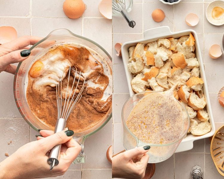 Two images side by side. Left side shows measuring cup with milk, eggs, and cinnamon sugar being whisked together. Right side shows a hand pouring the measuring cup over a white casserole dish filled with torn pieces of French bread.