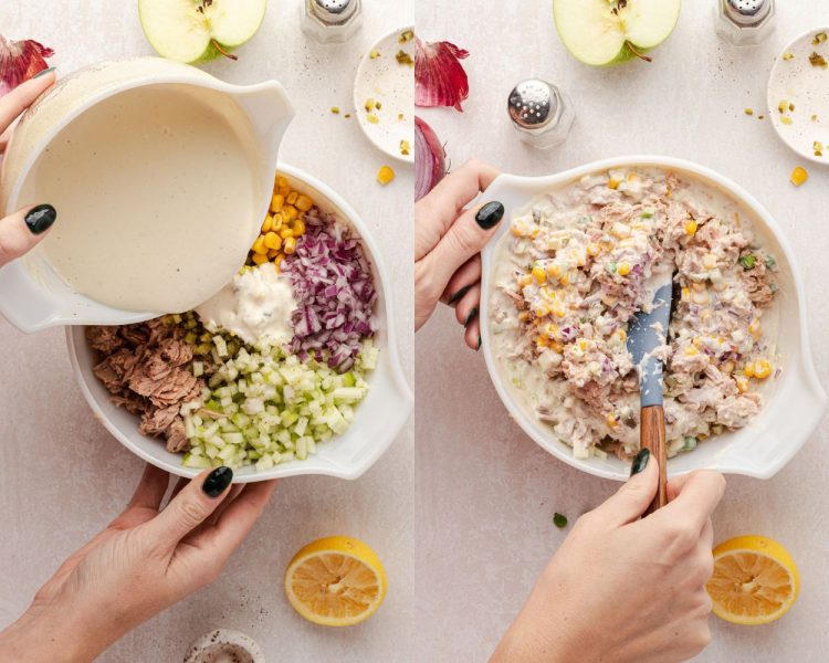 Two images side by side. Left side shows a small bowl of mayonnaise-based dressing being poured over a larger bowl containing tuna, diced apple, diced onion, corn, peas, and pickles. Right side image shows a spatula mixing all those ingredients together.