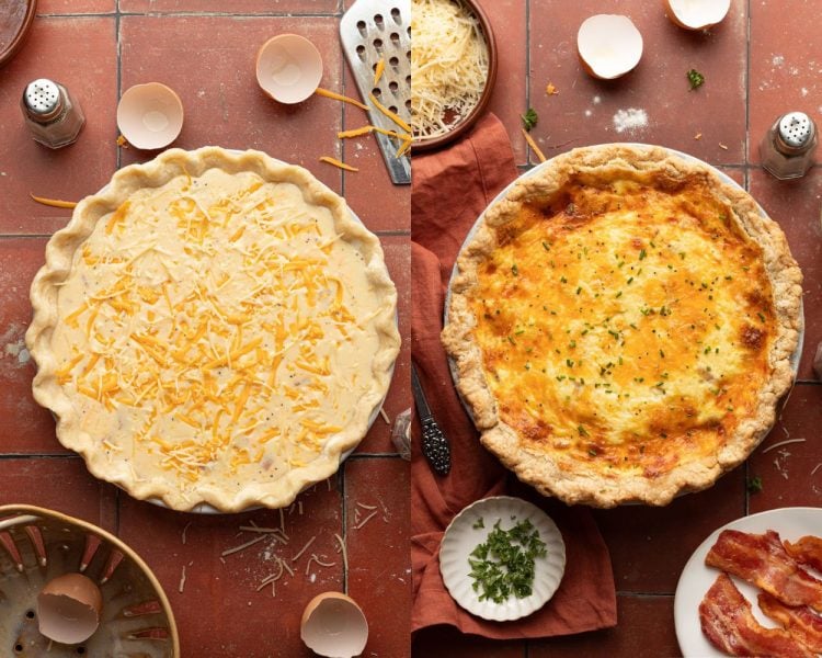 Side by side images of a pie pan with a quiche. Left side shows unbaked quiche with shredded cheese on top. Right side shows fully baked quiche topped with green onions.