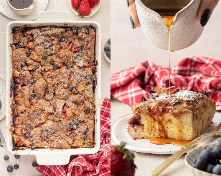 Side by side images. Left side is a white casserole dish of baked french toast casserole with berries. Right side is a slice of the casserole topped with powdered sugar and syrup being poured over top.