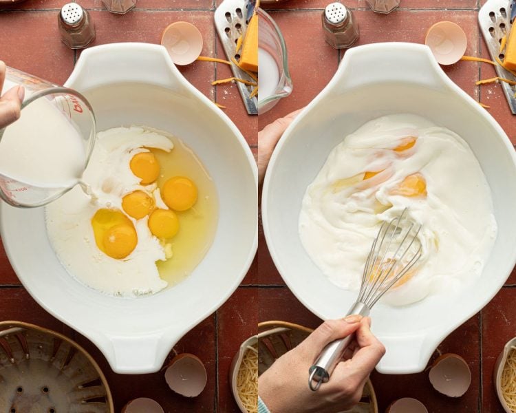 Side by side images of a white mixing bowl. Left side shows whole eggs in the bowl and a measuring cup pouring in milk. Right side shows a hand with a whisk mixing these ingredients.