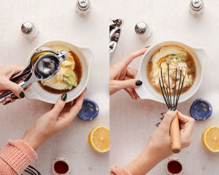 Two images side by side. Left side shows a hand juicing a lemon over a white bowl full of ingredients including mayo, red wine vinegar, and wasabi paste. Right side shows hands holding the bowl and one hand with a whisk, mixing the ingredients.