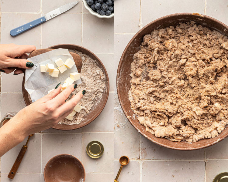 Two images side by side. Left side shows a bowl with a cinnamon sugar mixture and hands adding cubes of butter. Right side shows the same bowl with the butter mixed into the cinnamon sugar.