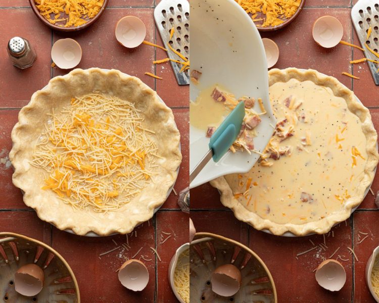 Side by side images. Left side shows an unbaked pie crust in a pan with shredded cheese sprinkled on the crust. Right side shows a bowl and spatula pouring an egg, bacon, and cheese mixture into the dish.