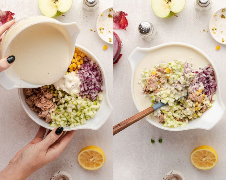 Two images side by side. Left side shows a bowl with a white dressing being poured over a white bowl with tuna, corn, peas, red onion, and green apple. Right side shows that same bowl with the sauce added and a spoon in the bowl to mix the ingredients.