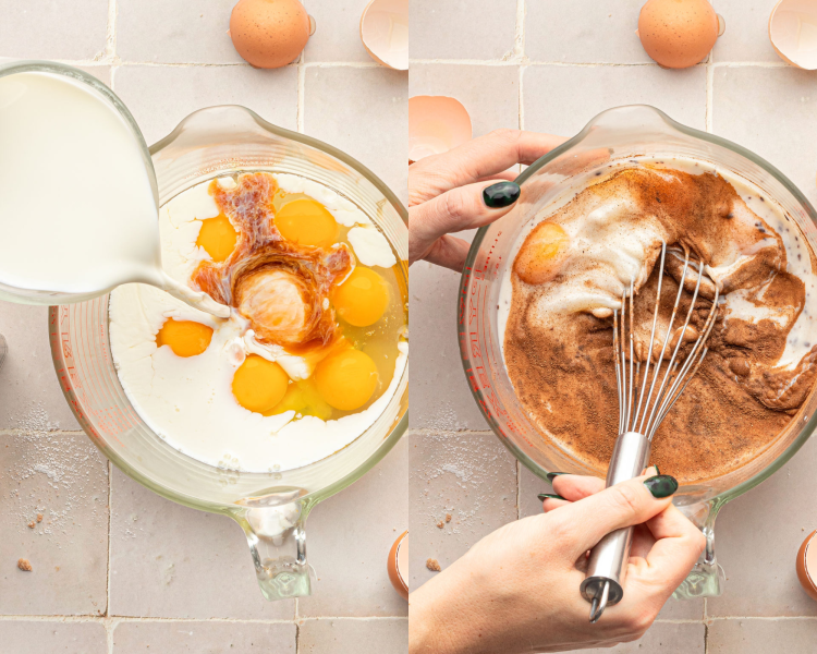 Side by side images of a measuring cup. Left side shows eggs with milk being poured in. Right side shows a hand holding a whisk, mixing these ingredients together.