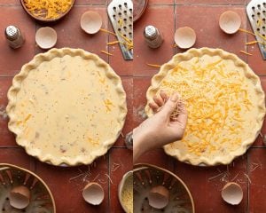 Side by side images. Left side shows an unbaked pie crust with liquid egg mixture. Right side shows the same pan with a hand adding shredded cheese to the top of the egg mixture.