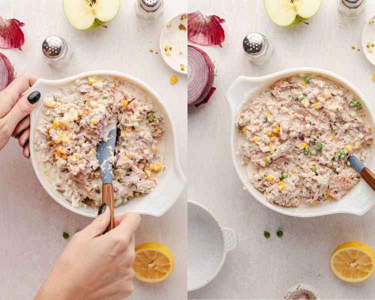 Side by side images of a hand holding a spatula and mixing tuna salad ingredients in a bowl.