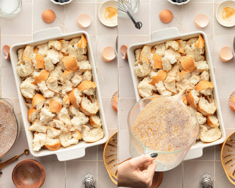 Side by side images of a white casserole dish full of torn pieces of French bread. Right side shows a hand holding a measuring cup adding a liquid mixture to the dish.