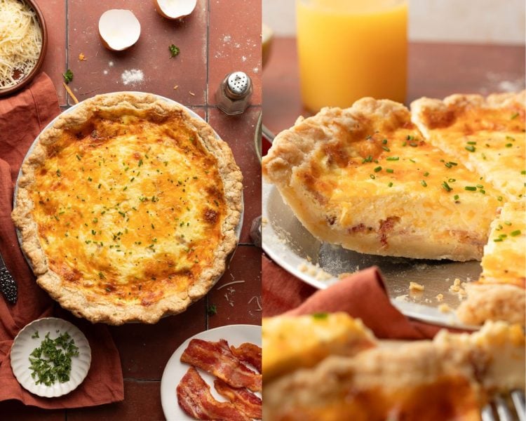 Side by side images. Left side shows full quiche in a pie pan, uncut. Right side shows a close up of a slice of quiche with fully baked eggs, cheese, and bacon.