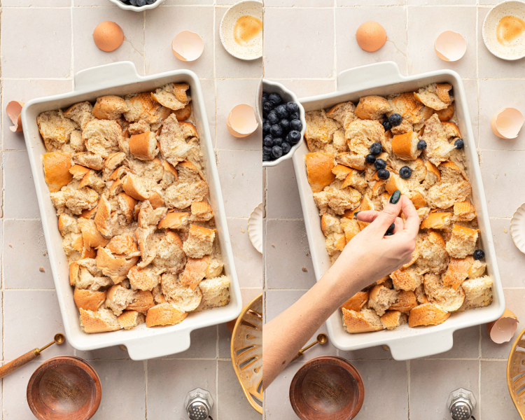 Side by side images of a white casserole dish filled with torn pieces of bread. Right side image shows a hand sprinkling blueberries in the dish.