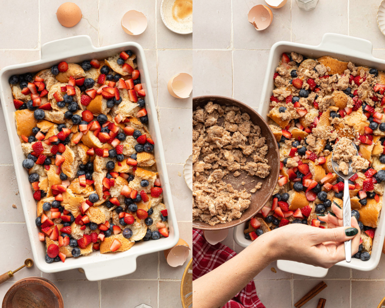 Side by side images of a white casserole dish. Left side shows torn pieces of bread with cut strawberries and blueberries. Right side image shows the same casserole dish with a hand holding a spoon adding a cinnamon sugar struesel.