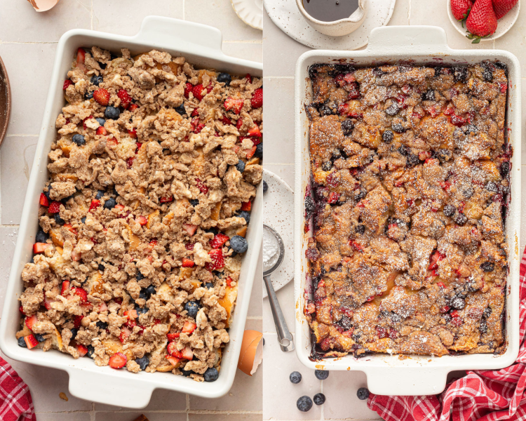 Side by side images of a white casserole dish. Left side shows French toast pieces with berries and a struesel topping. Right side shows this casserole after being baked.