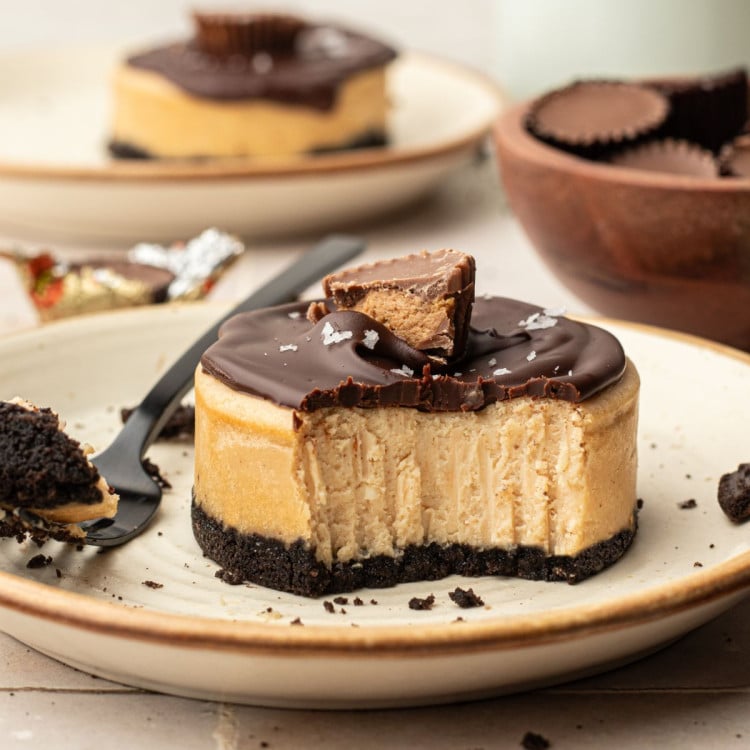 Plate with a circular cheesecake with peanut butter center, oreo cookie bottom, chocolate ganache topping, half of a reeses peanut butter cup, and flaky sea salt.