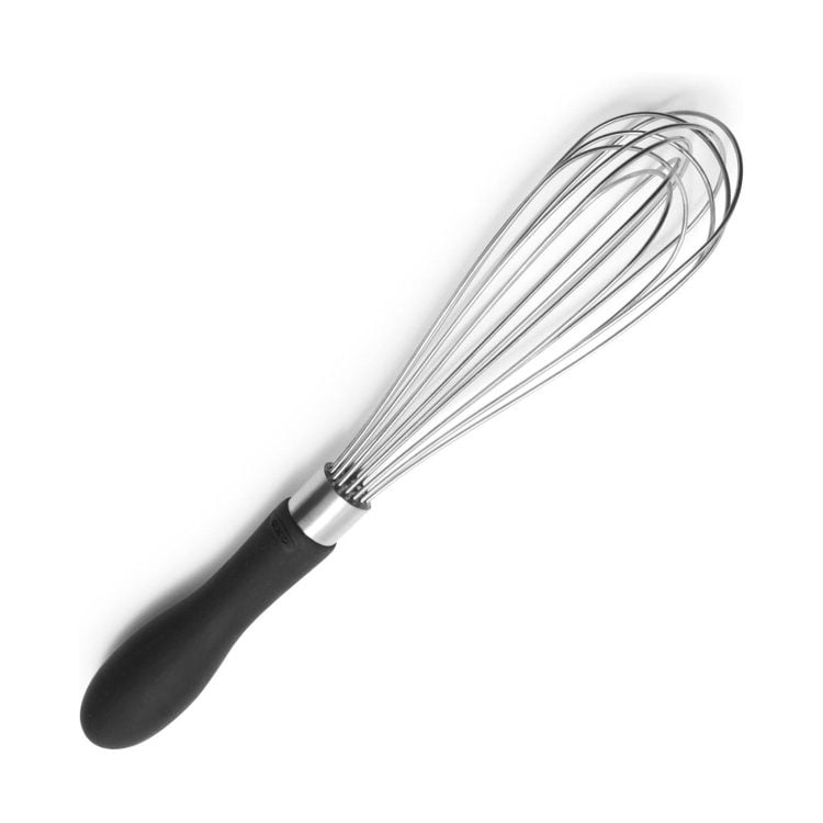 9-inch OXO whisk with a black handle on a white background.