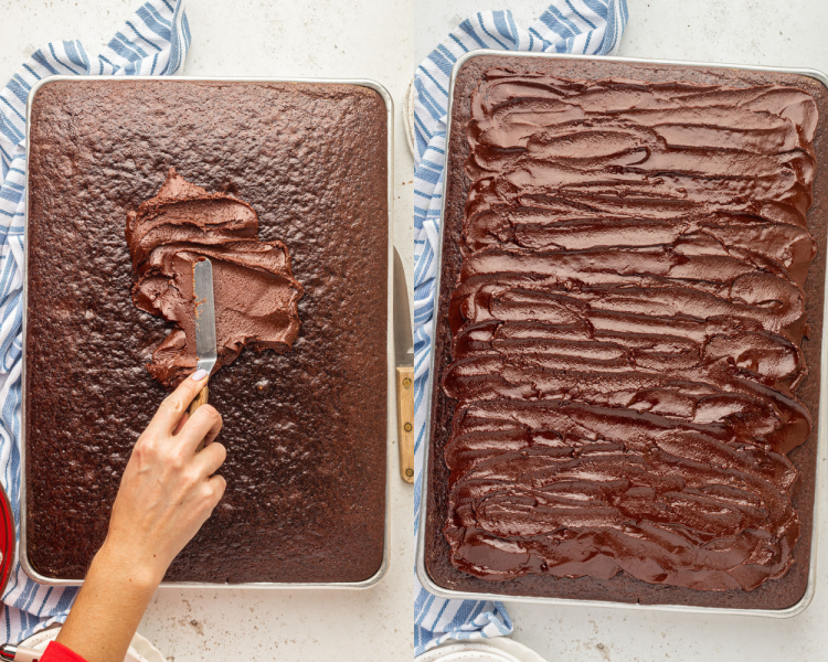 Side by side images. Left side shows a hand with an offset spatula adding chocolate frosting to chocolate cake. Right side shows half sheet pan of full chocolate cake fully covered with chocolate frosting.