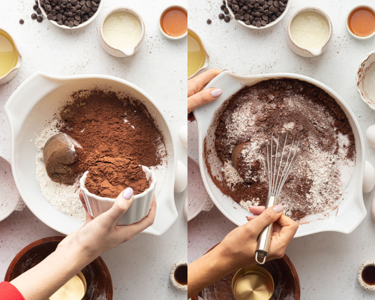 Side by side images of a white mixing bowl. Left side shows cocoa powder being added to bowl with flour and espresso powder. Right side shows all ingredients being whisked together with a whisk.