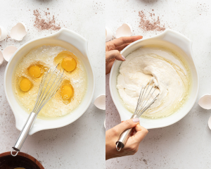 Side by side images of a white mixing bowl. Left side shows the bowl with sour cream, buttermilk, and eggs with a whisk in it. Right side shows the whisk combining all ingredients.